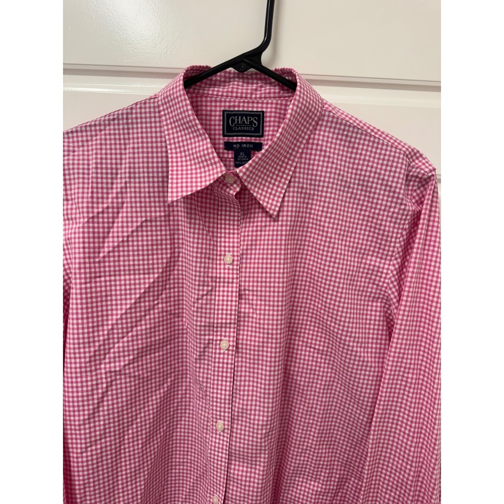 Chaps Classics Pink Gingham Check No Iron Cotton Button Down Shirt XL Womens